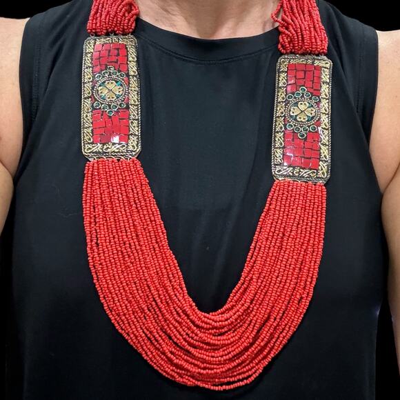 Multistrand Statement Necklace Orange Seed Bead Gold Tone Metal Plates Tribal - Picture 2 of 7